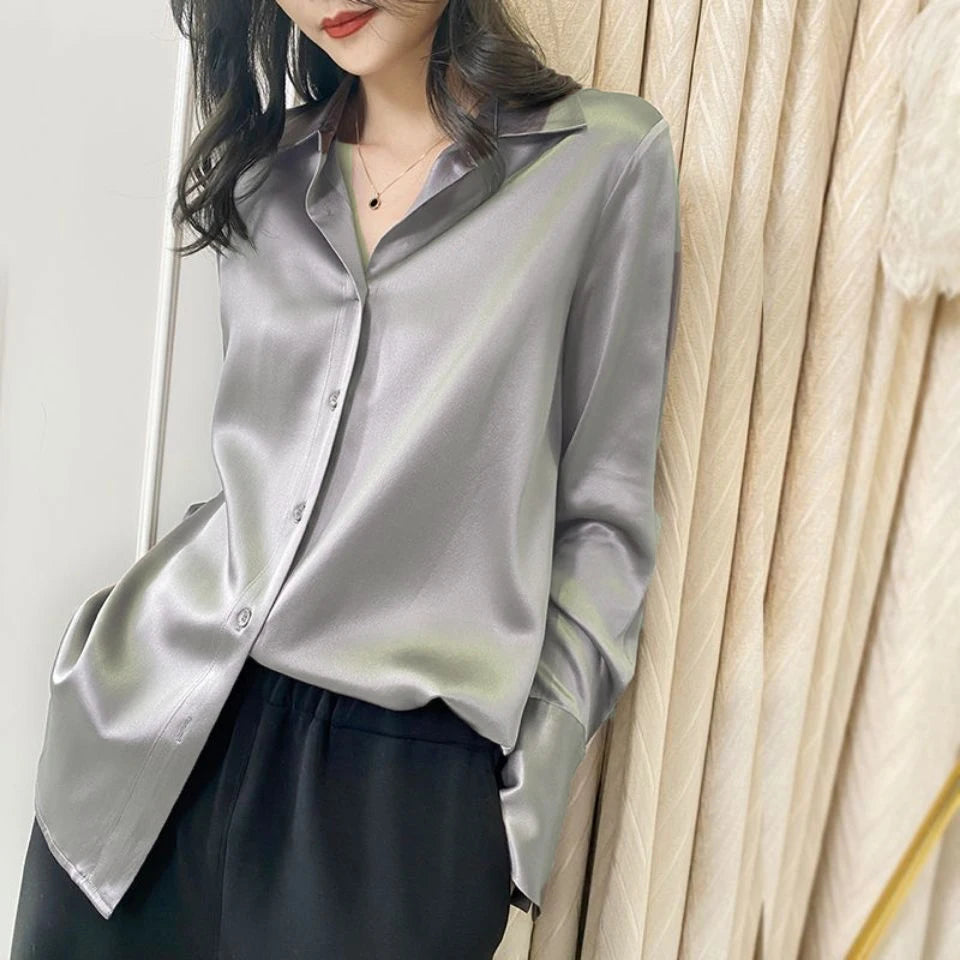 SUYISODA Women's Casual Satin Shirt - Office Lady Style with Button Decoration & Turn-down Collar