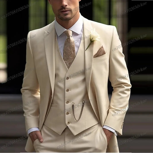 Fiojiele Men's Formal Wedding Suit - 4-Season Cotton-Polyester Blend, Single Breasted