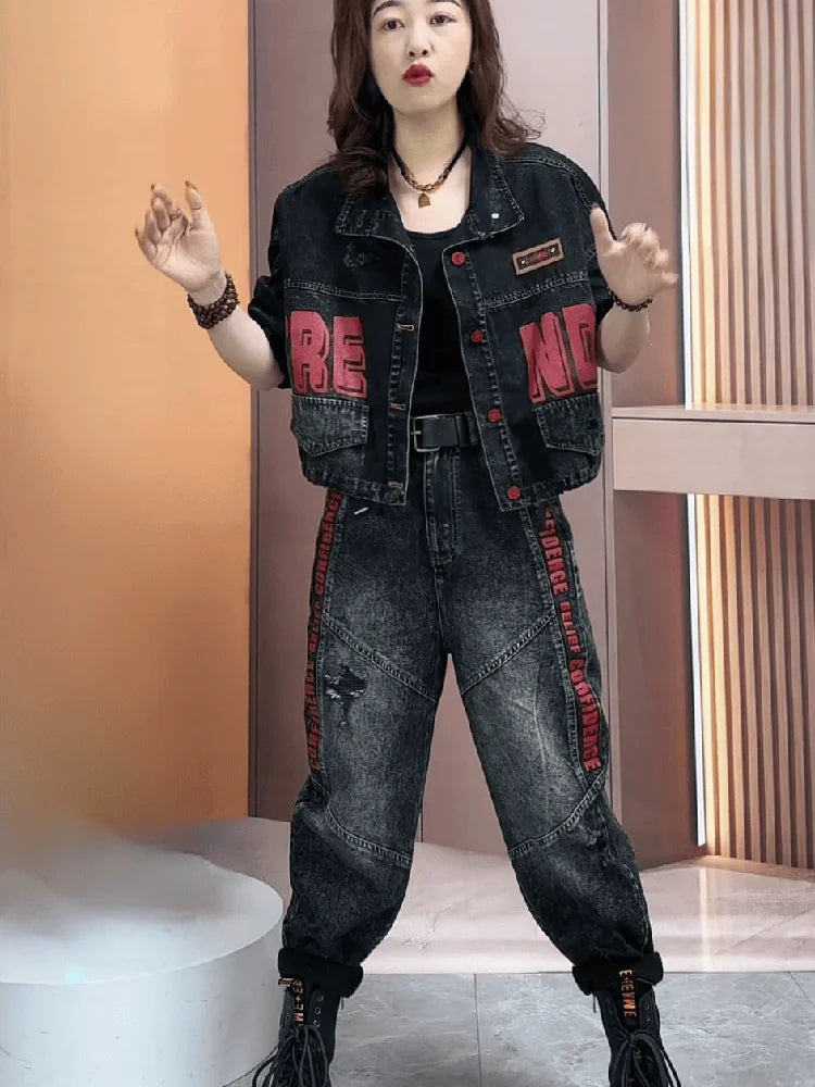 2024 Spring Autumn New Fashion Cool Personality Distressed Print Denim Set Women Loose Long Sleeved Jacket + Jeans