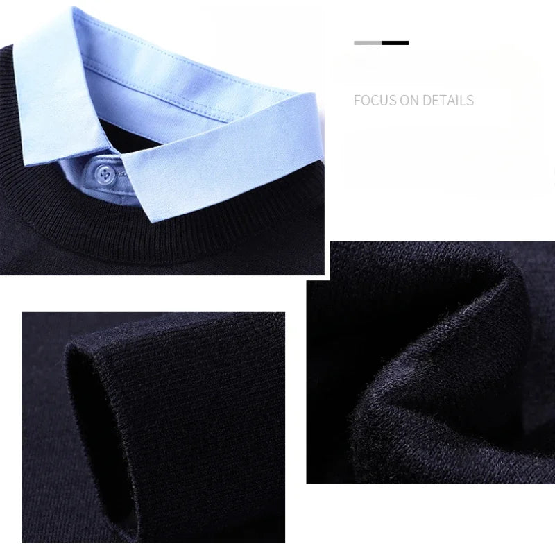 NoEnName_Null Men's Casual Pullover – Wool & Lycra Blend with Turn-Down Collar