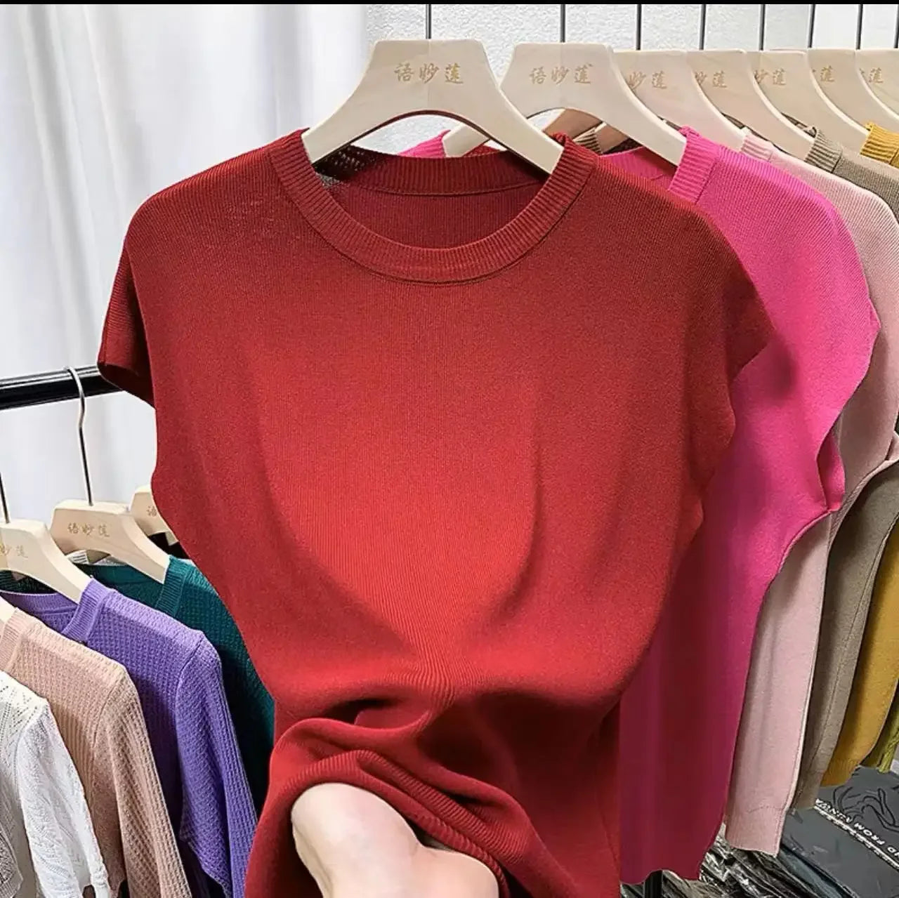Women's T-Shirts 2024 Summer Ice Silk Knitted Tees Casual Solid Tops Purple Blue Fashion O Neck Short Sleeved Blouse for Women
