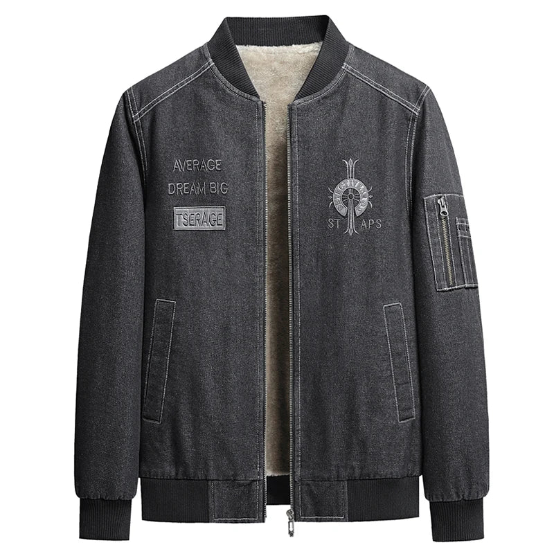 Retro Men's Cargo Denim Jacket Autumn Winter Plus Velvet Warm Fashion Casual Male Coat