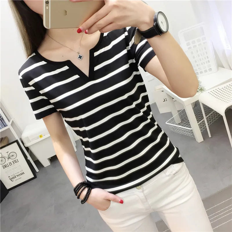 Casual Slim Fit Solid Color V-Neck Tee for Women – All Season Polyester Spandex Top
