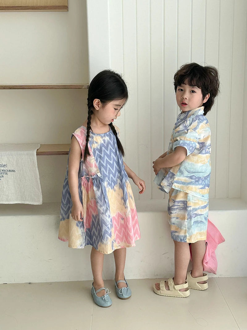 MILANCEL Unisex Summer Patchwork Clothing Set for Kids (Ages 4–6Y) – Cotton Shirt and Shorts Vacation Outfit