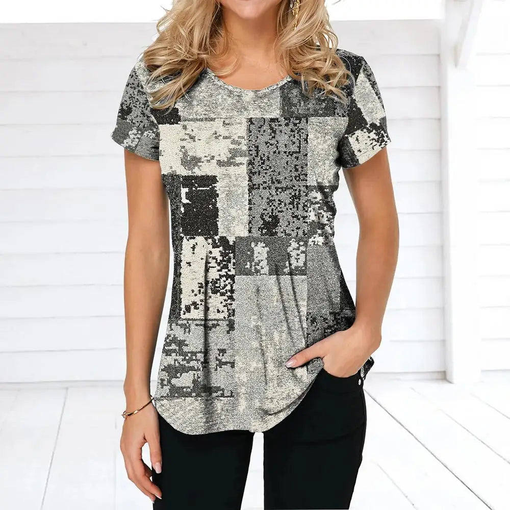 NoEnName_Null Women’s 3D Print Patchwork T-Shirt – Casual American Retro O-Neck Short Sleeve Top