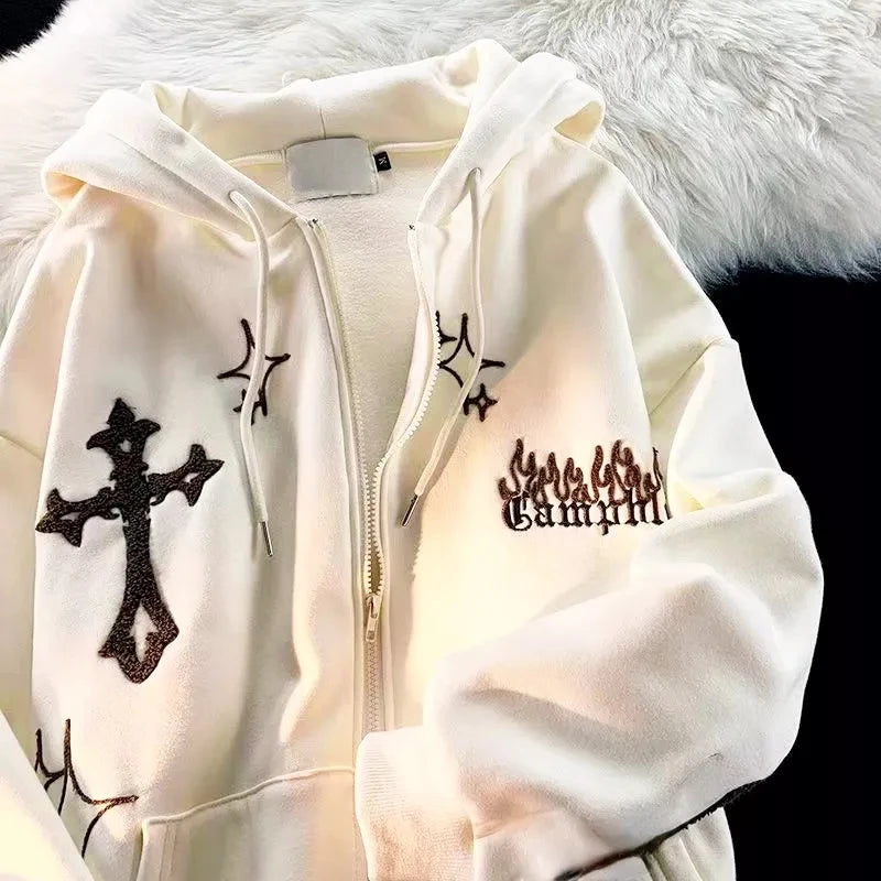 Streetwear Hooded Zip-Up Hoodie for Women – Printed Loose Fit Autumn/Winter Sweatshirt