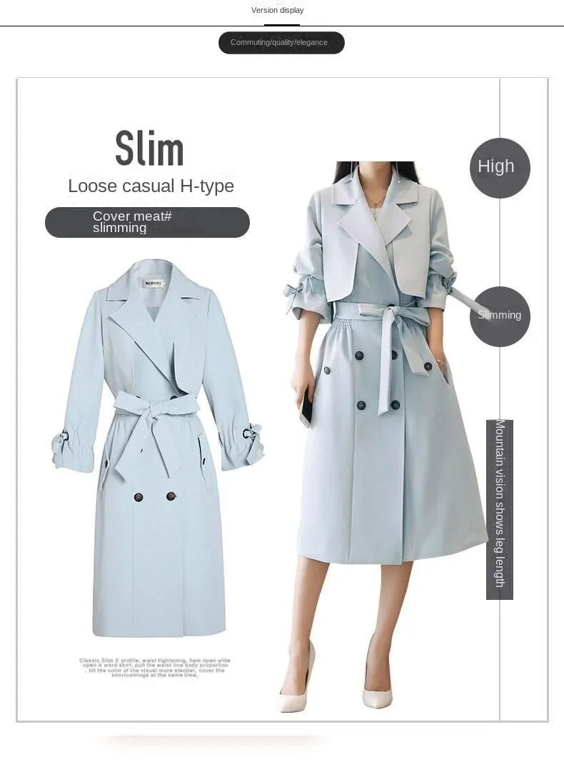 NoEnName_Null Women's Preppy Style Double-Breasted Trench Coat with Ruched and Spliced Details