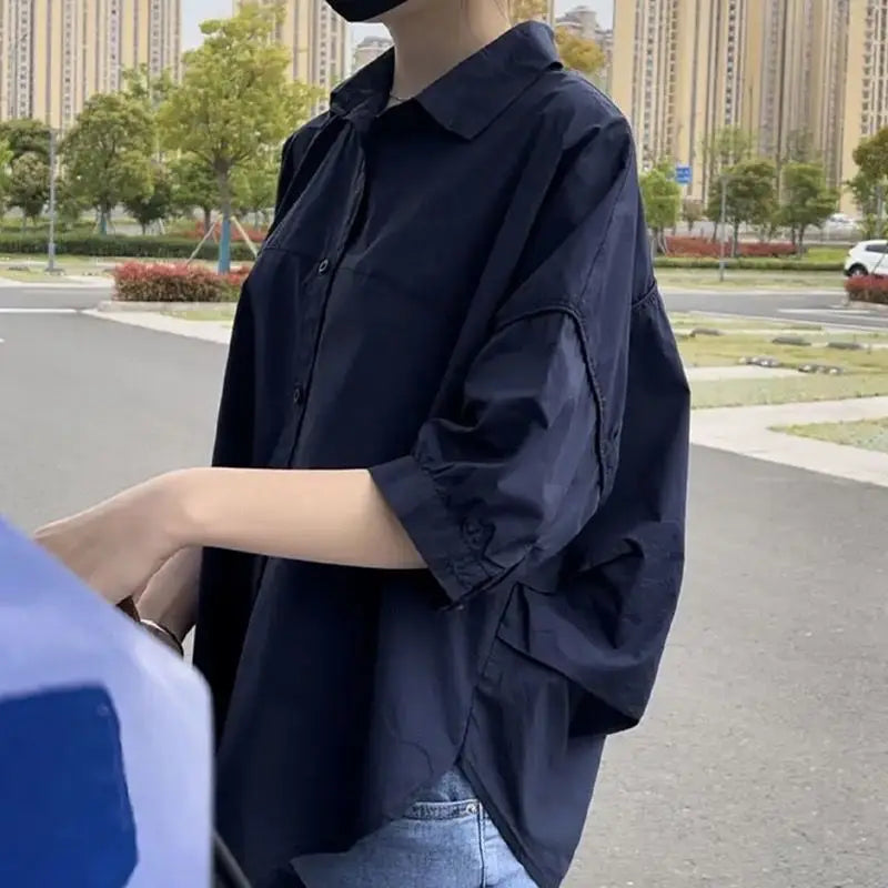 NoEnName_Null Women's Loose Fit Casual Shirt – Turn-down Collar Batwing Sleeve Cardigan