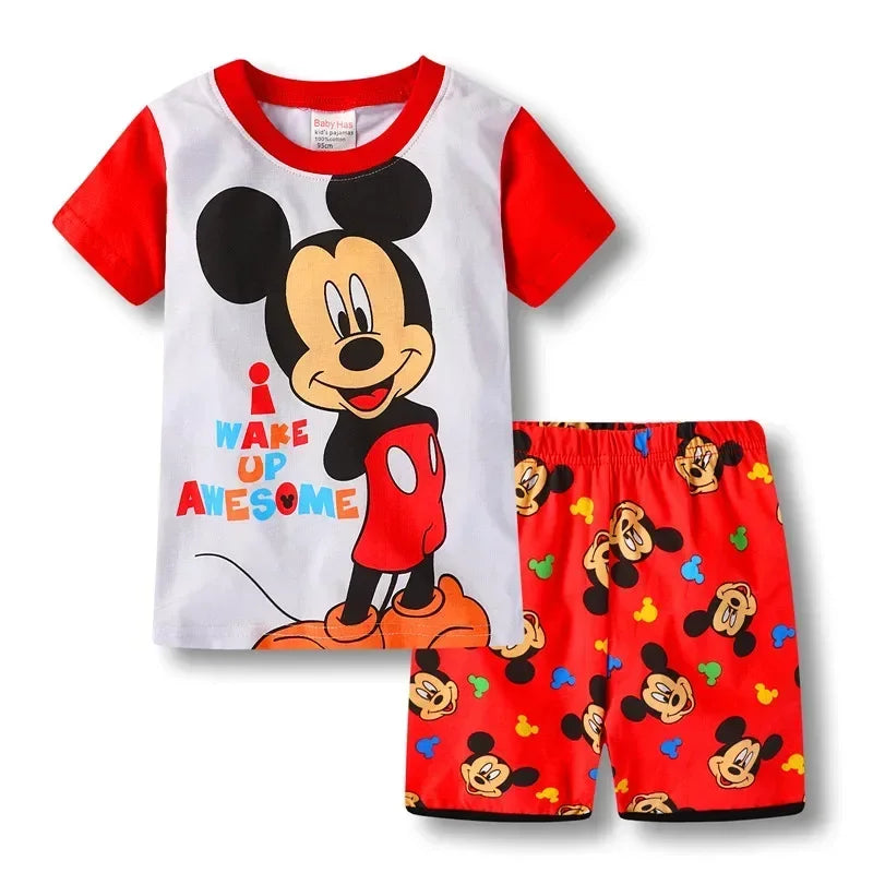 MINISO Kids Cartoon Pajama Sets – Short Sleeve Summer Outfits for Boys & Girls (Spiderman, Iron Man, Mickey, Elsa & More)