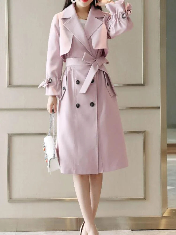 NoEnName_Null Women's Preppy Style Double-Breasted Trench Coat with Ruched and Spliced Details
