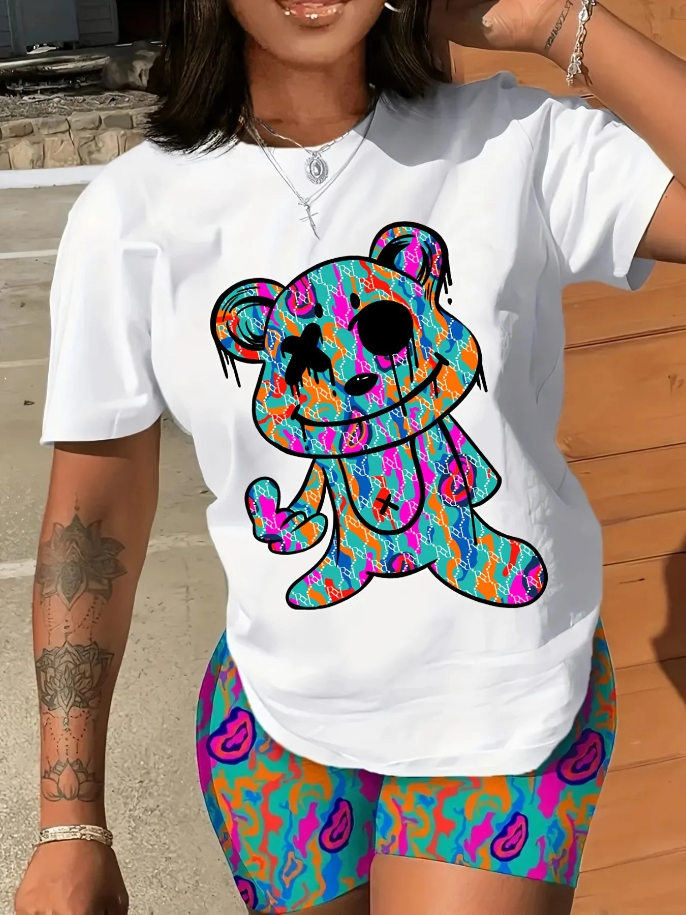 NoEnName_Null Casual Letter Print Polyester T-Shirt for Women - Comfortable Spring/Summer Top