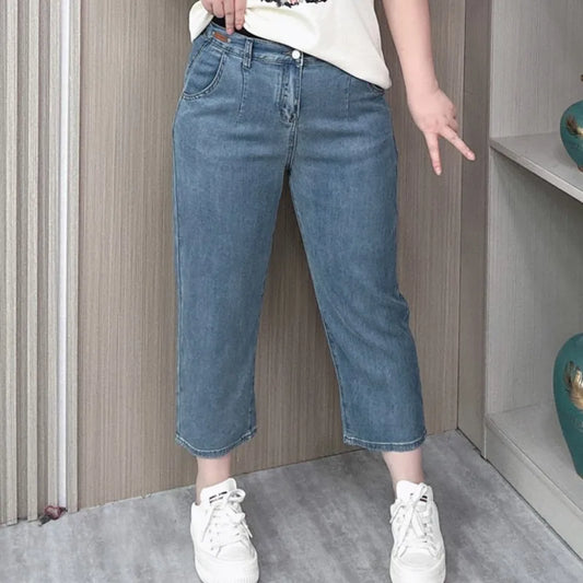 BISENMADE Women's High-Waist Slim Fit Stripe Harem Jeans with Pockets – Ankle-Length for Spring/Summer