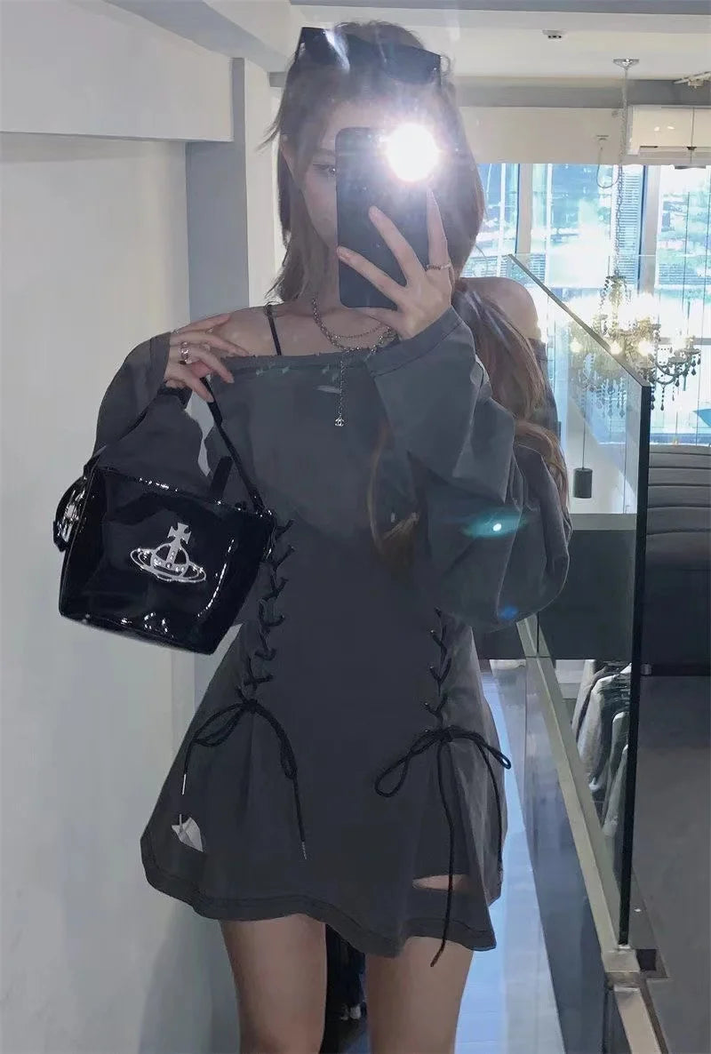 NoEnName_Null Y2K Style A-Line Mini Dress with Diagonal Collar and Bandage Detail - Autumn/Winter Fashion for Women