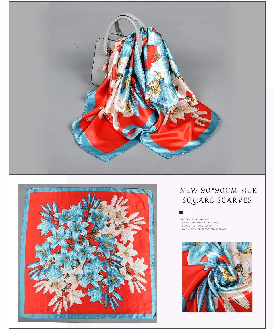 BYSIFA Fashionable Women’s Floral Print Satin Square Scarf – Stylish and Multifunctional for All Seasons