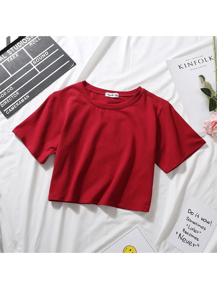 Summer Short Sleeve T Shirts Women  Solid O Neck High Waist Crop Top Tee Female Casual Loose T Shirt