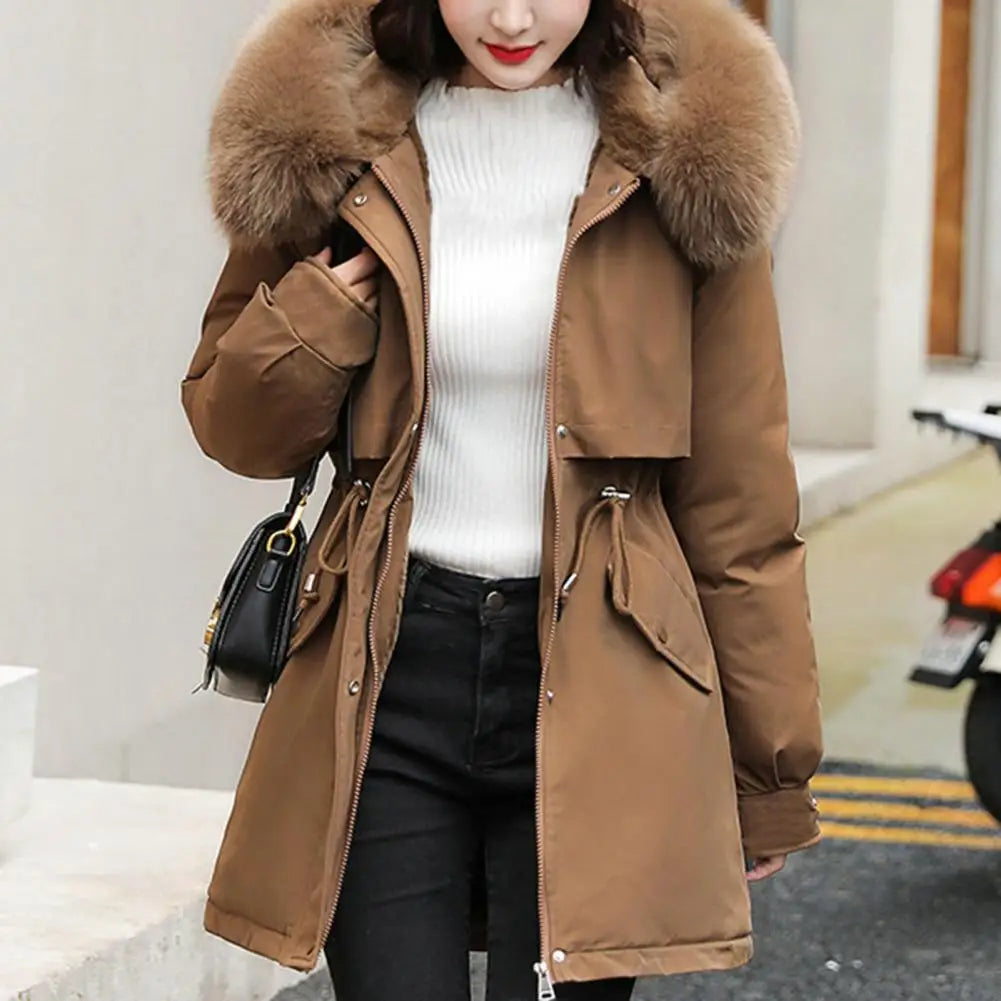 NoEnName Women's Hooded Fur Button Coat – Preppy Style Winter Jacket with Cotton Liner