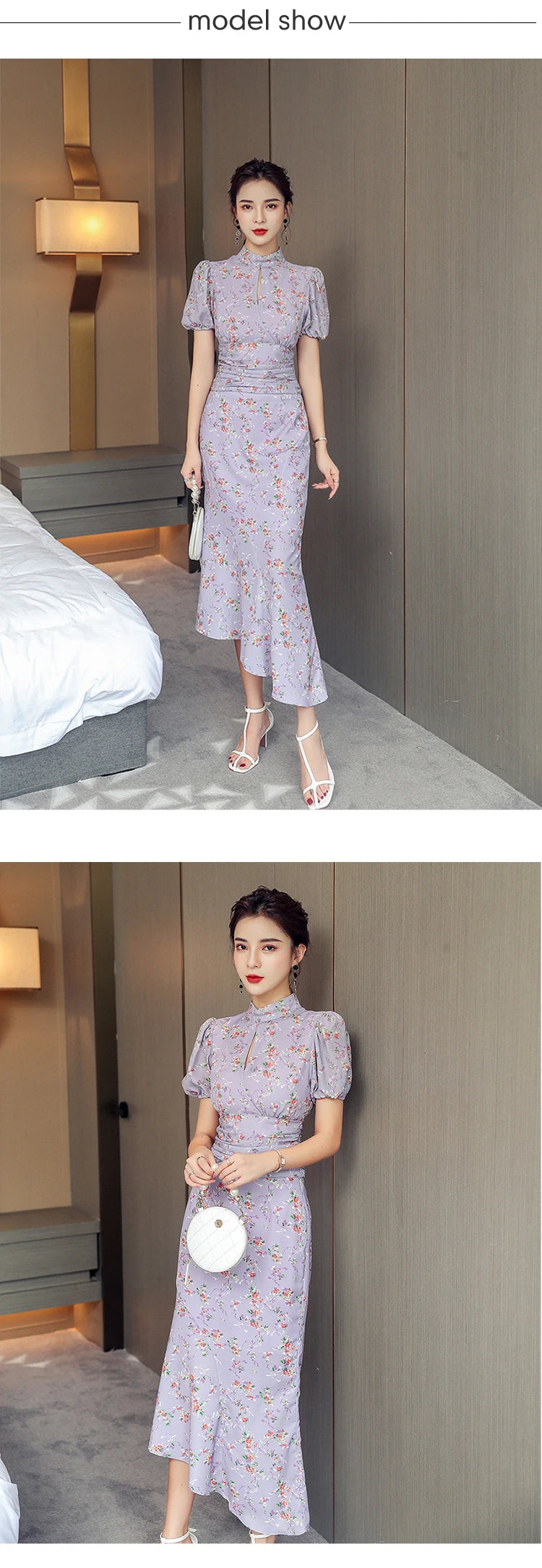 MingJieBiHuo Women's Sweet Asymmetrical Print Dress with Puff Sleeves – Summer Collection