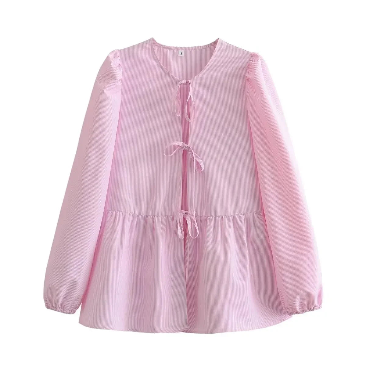 ASDS Women's Vintage Ruffled O-Neck Loose Fit Long Casual Shirt – Puff Sleeve, Single Breasted, Polyester Broadcloth