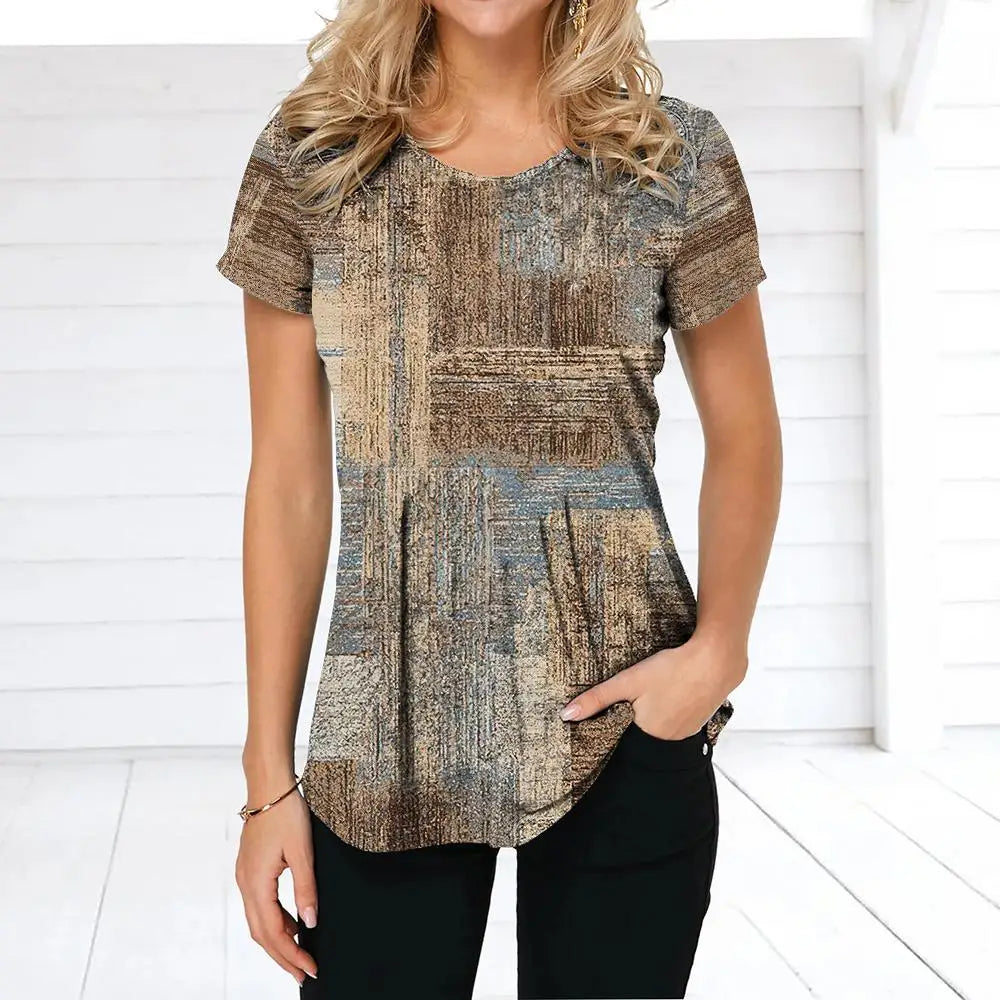 NoEnName_Null Women’s 3D Print Patchwork T-Shirt – Casual American Retro O-Neck Short Sleeve Top