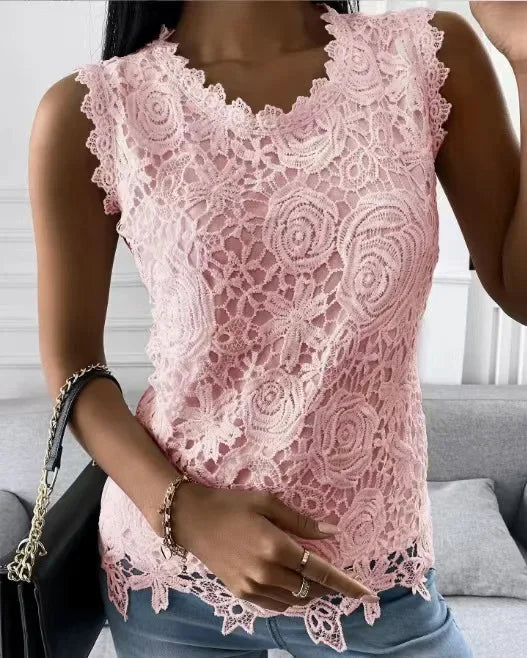 Women's Lace-Decorated Casual Tee – Spring/Summer Regular Fit Top by NoEnName_Null