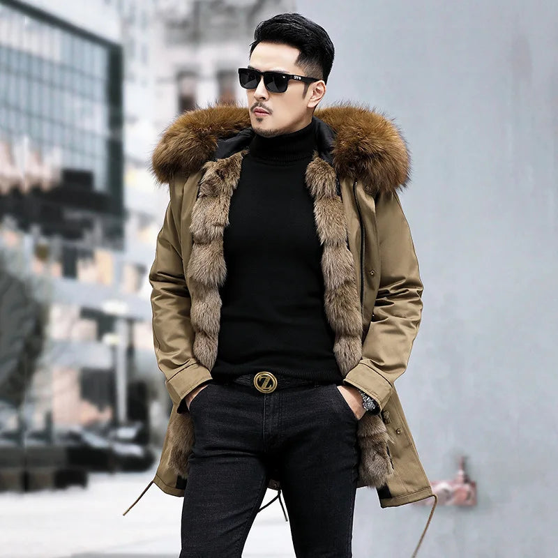 FURTJY Men's High Street Winter Coat – Real Fox Fur Lining, Raccoon Fur Collar, Zipper Closure, Casual Slim Fit