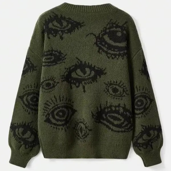 NoEnName_Null Women's Vintage Geometric Pattern O-Neck Fleece Sweater
