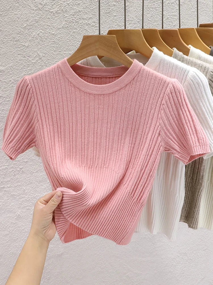 2025 Summer T shirts for Women Casual Korean Knit Streetwear Basic Solid Young Cool Tops
