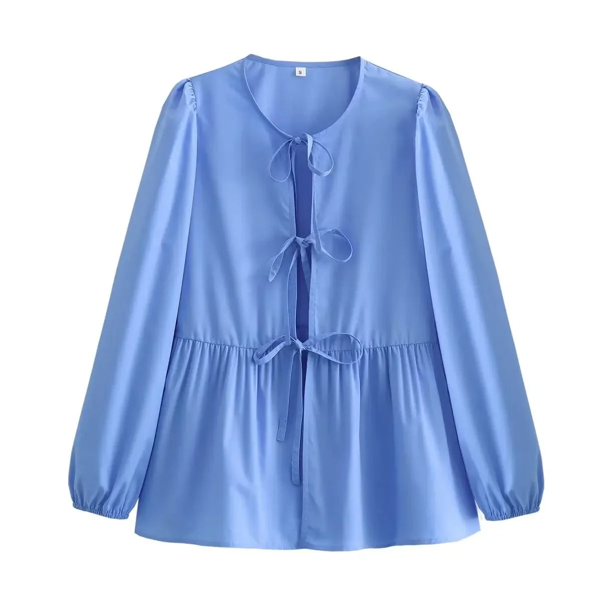 ASDS Women's Vintage Ruffled O-Neck Loose Fit Long Casual Shirt – Puff Sleeve, Single Breasted, Polyester Broadcloth