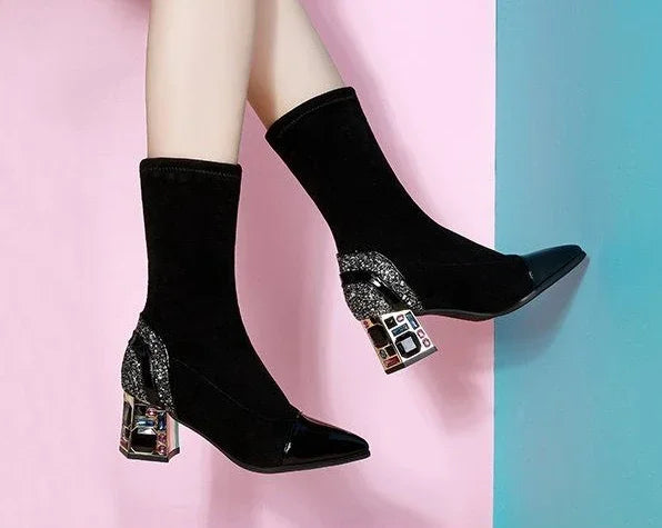 Shangkaka Women's Mid-Calf Sock Boots – Crystal Detailing, Pointed Toe, High Square Heel