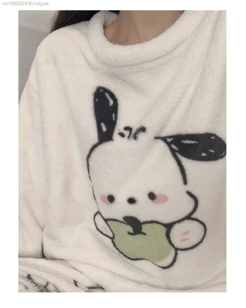 MINISO Korean Style Women's Autumn/Winter Hello Kitty Cartoon Fleece Pullover & Ankle-Length Sleepwear Set