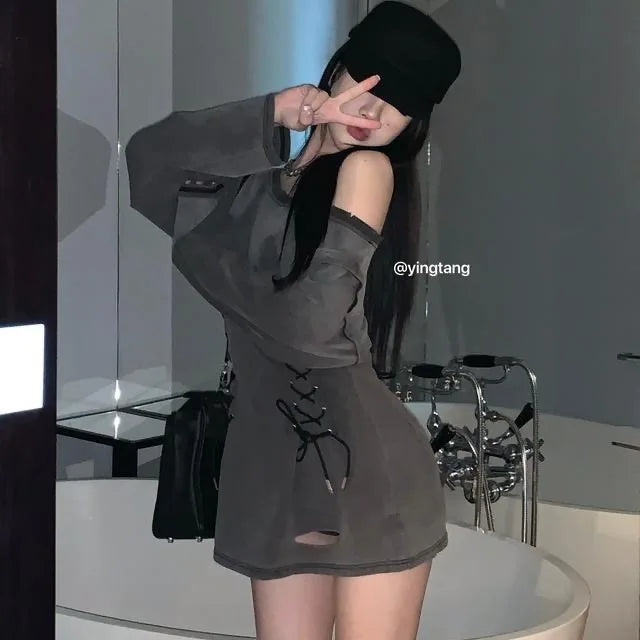 NoEnName_Null Y2K Style A-Line Mini Dress with Diagonal Collar and Bandage Detail - Autumn/Winter Fashion for Women