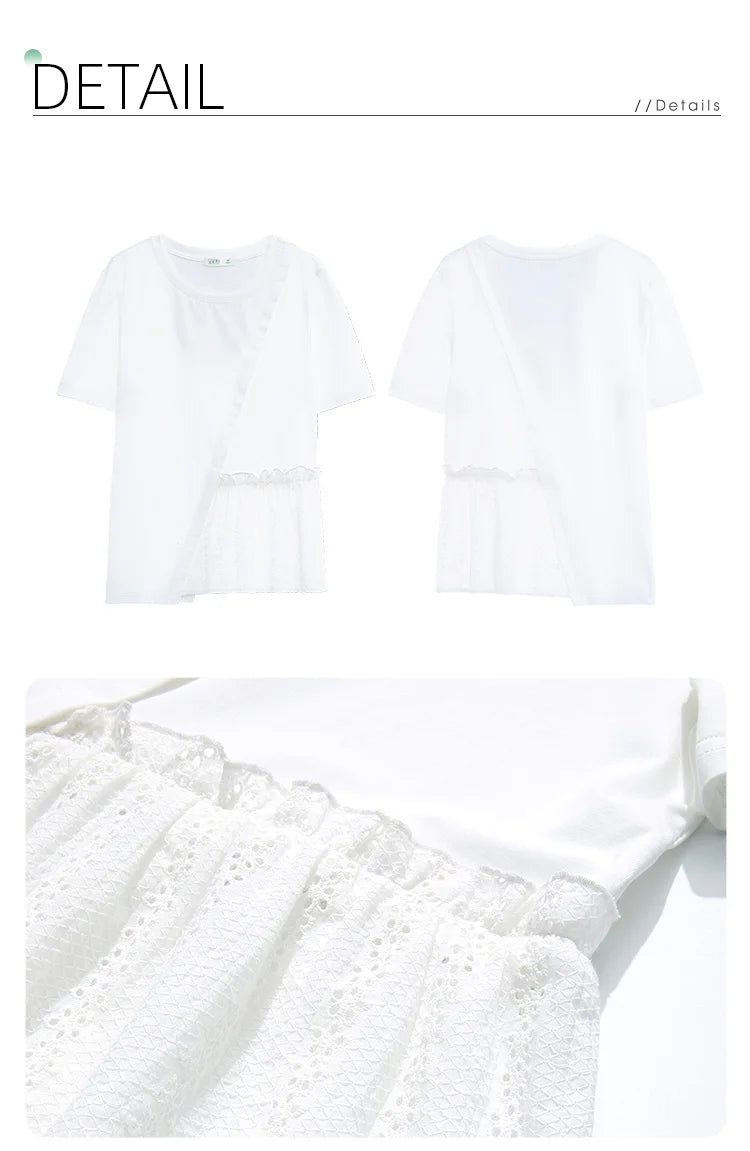 Summer New T-shirts For Women 2024 Spliced Hollow Out Pleated Short-sleeve Casual Fashion Female Blouse 2242015652