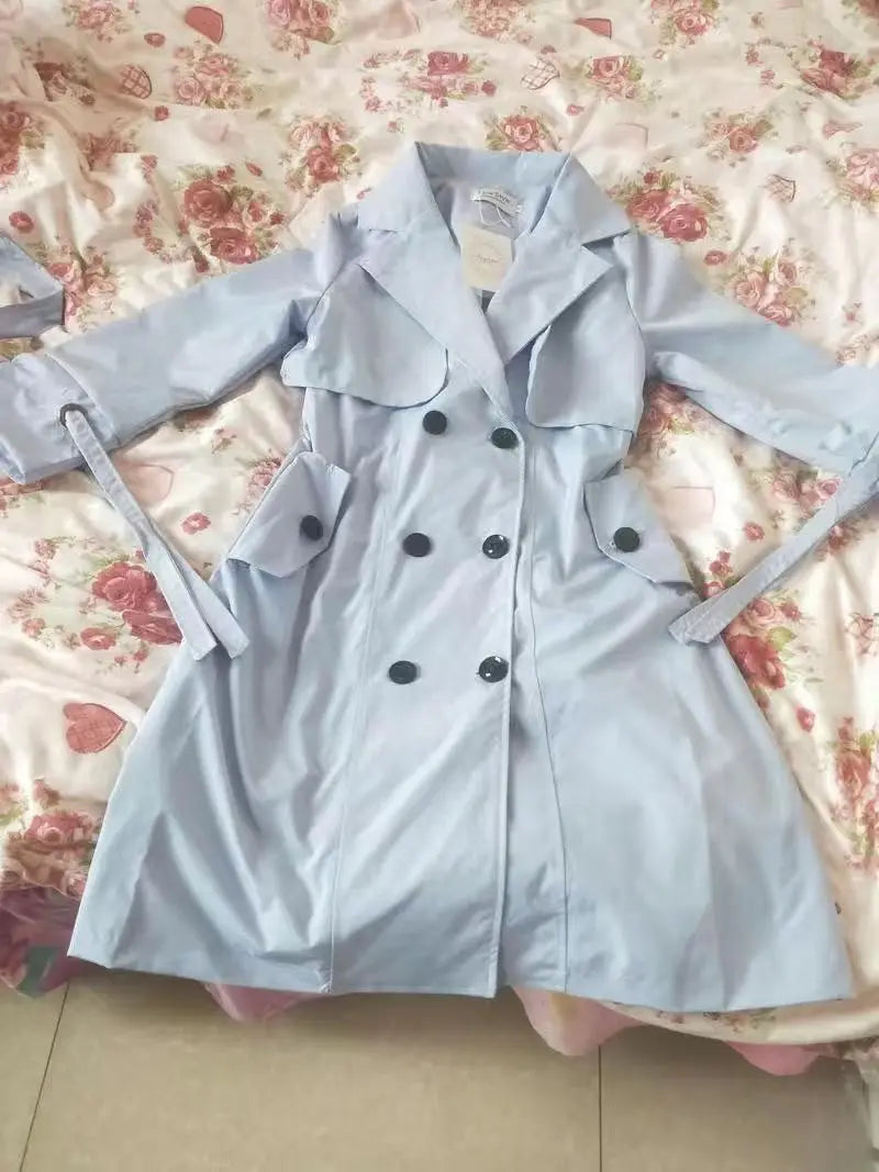 NoEnName_Null Women's Preppy Style Double-Breasted Trench Coat with Ruched and Spliced Details