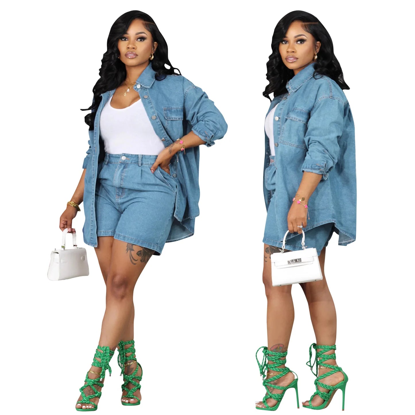 DUTRIEUX Safari Style Slim Fit Denim Shorts Set for Women – Turn-Down Collar, Full Sleeve, Mercerized Denim