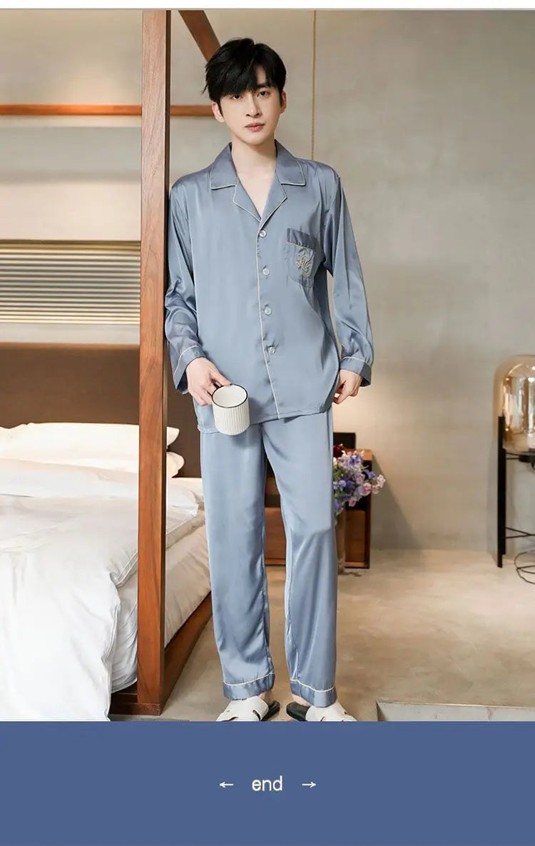 Men Women High Quality Satin Couple Pajamas Gown Set Sexy Hollowout Lace  Spaghetti Straps V-Neck Long Sleeves Pants Loungewear