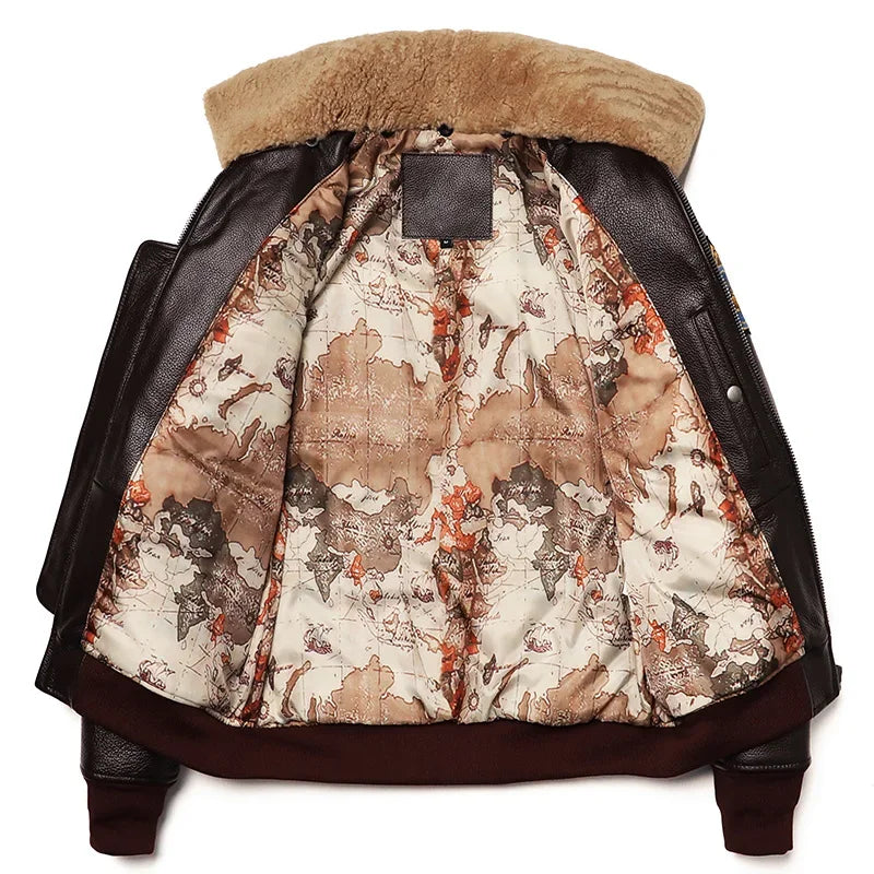 NoEnName_Null Men’s Military Style Cow Leather Jacket – Winter Outerwear with Zippers and Turn-Down Collar