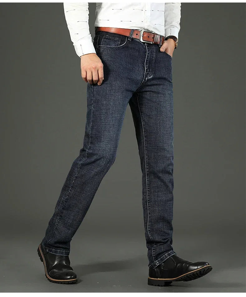 WTHINLEE Men's Smart Casual Mid-Waist Denim Jeans - Straight Fit, Full-Length, Midweight