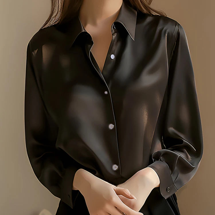 SUYISODA Women's Casual Satin Shirt - Office Lady Style with Button Decoration & Turn-down Collar