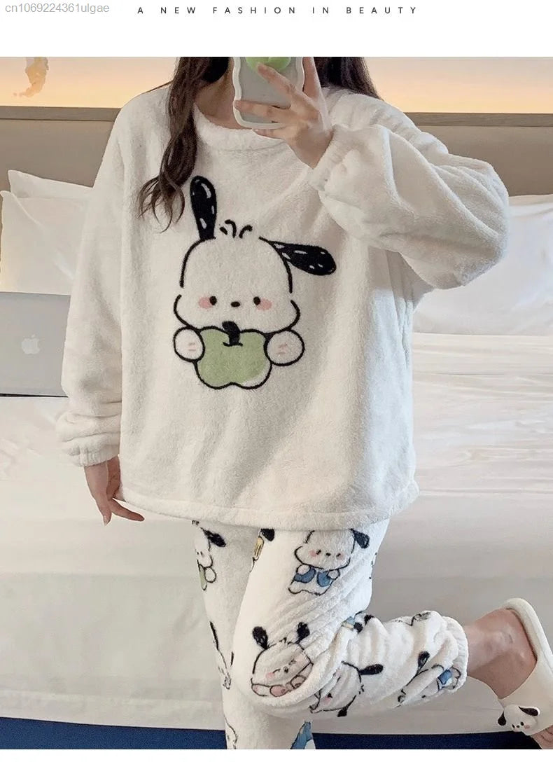 MINISO Korean Style Women's Autumn/Winter Hello Kitty Cartoon Fleece Pullover & Ankle-Length Sleepwear Set