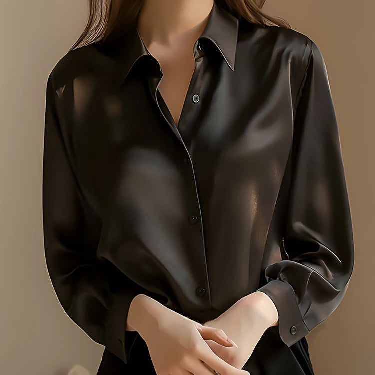 SUYISODA Women's Casual Satin Shirt - Office Lady Style with Button Decoration & Turn-down Collar