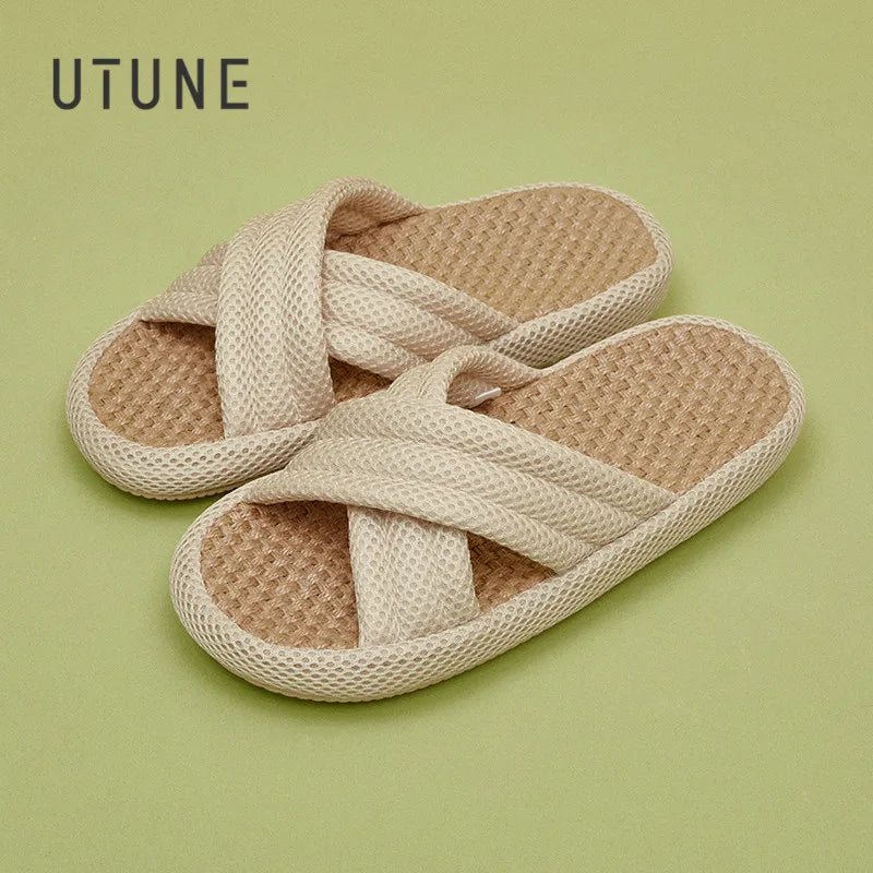Utune Women's Cross-Tied Hemp Slippers - Comfortable Indoor Flat Slippers for Summer & Autumn