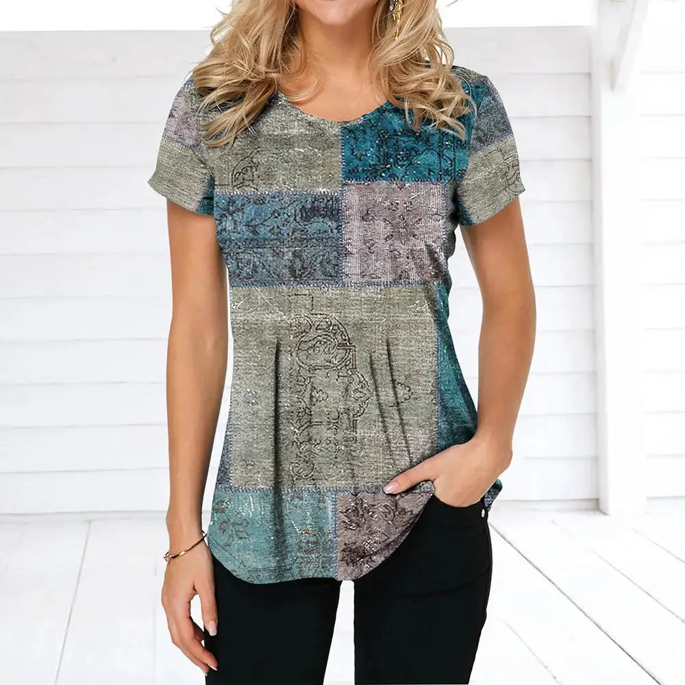 NoEnName_Null Women’s 3D Print Patchwork T-Shirt – Casual American Retro O-Neck Short Sleeve Top