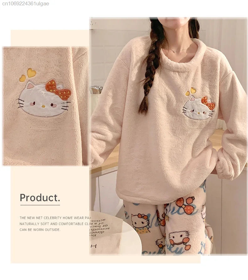MINISO Korean Style Women's Autumn/Winter Hello Kitty Cartoon Fleece Pullover & Ankle-Length Sleepwear Set