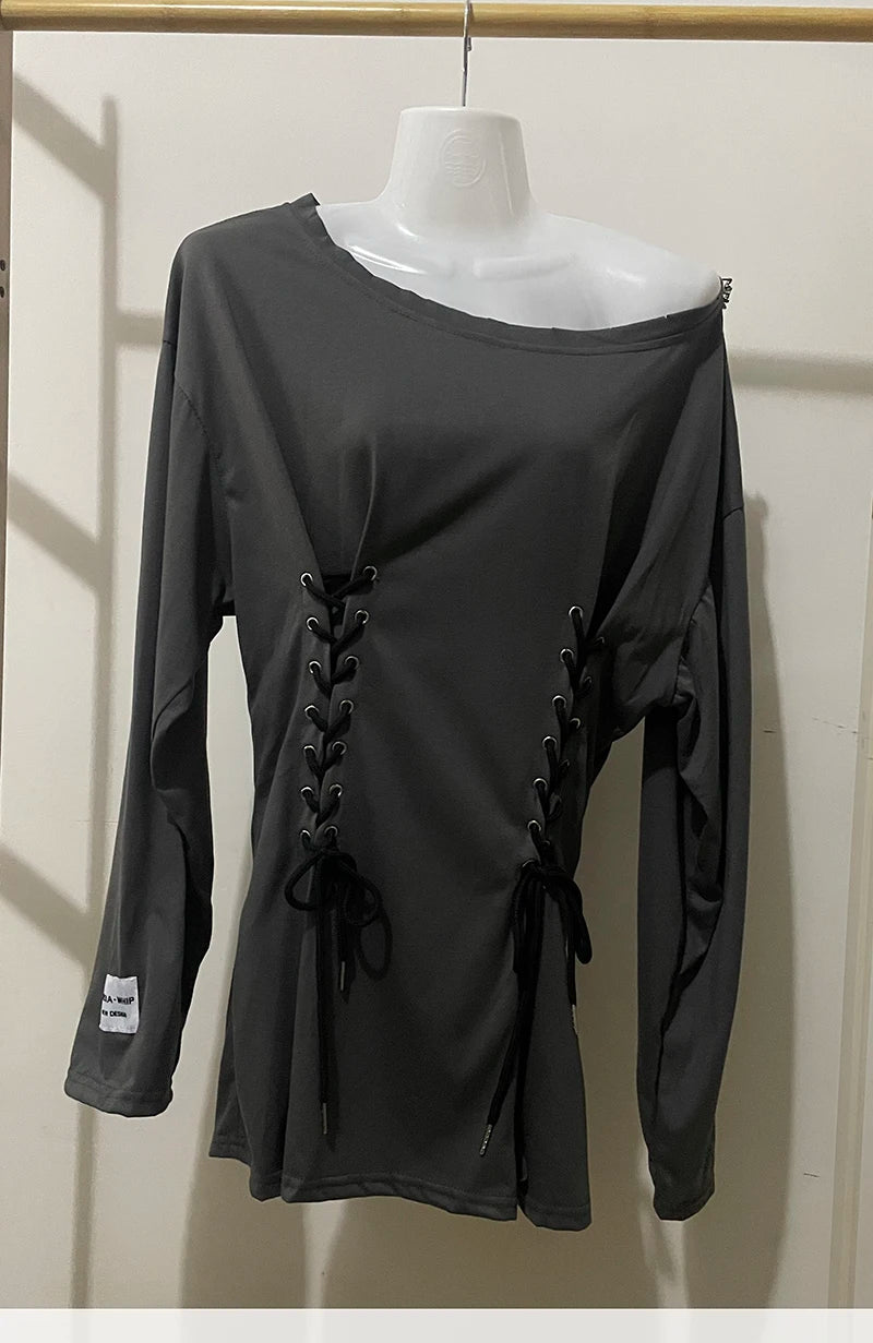 NoEnName_Null Y2K Style A-Line Mini Dress with Diagonal Collar and Bandage Detail - Autumn/Winter Fashion for Women