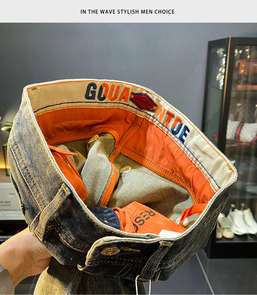 MXKSKV Men’s Slim Fit Straight-Leg Jeans. Distressed Stonewashed Denim with Badge Detail