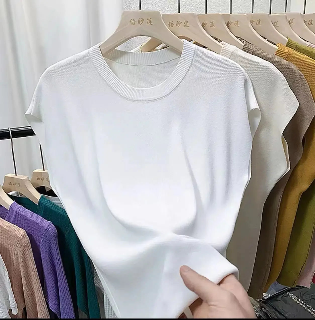 Women's T-Shirts 2024 Summer Ice Silk Knitted Tees Casual Solid Tops Purple Blue Fashion O Neck Short Sleeved Blouse for Women