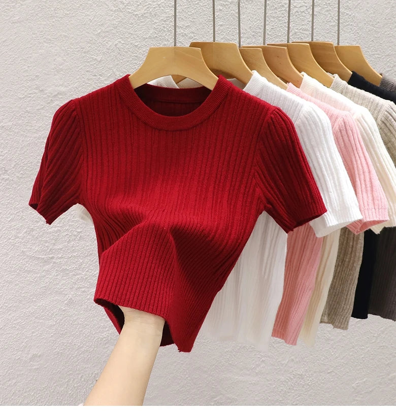 2025 Summer T shirts for Women Casual Korean Knit Streetwear Basic Solid Young Cool Tops