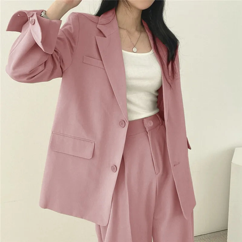 eDressU Women's Casual High-Waist Wide Leg Pant Suit - Full Length, Loose Fit, Shawl Collar, Pockets, All-Season Polyester