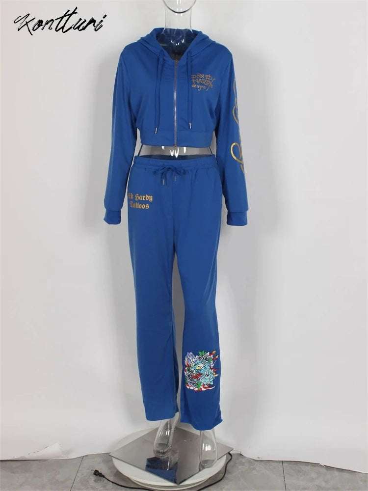 Kontturi Streetwear Women's Autumn/Winter Hooded Zip-Up Set with Ankle-Length Pants