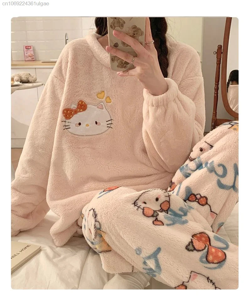 MINISO Korean Style Women's Autumn/Winter Hello Kitty Cartoon Fleece Pullover & Ankle-Length Sleepwear Set